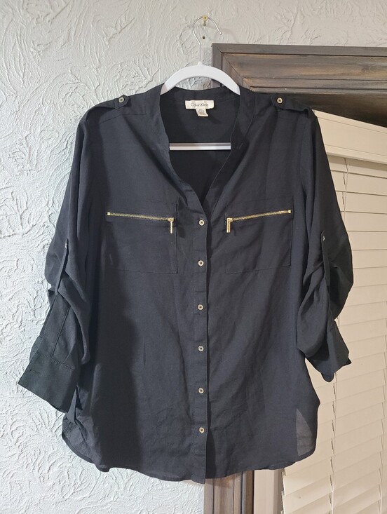 Calvin Klein Tops - Calvin Klein Black roll-sleeve utility Button-Front Shirt Gold Zipper Accents